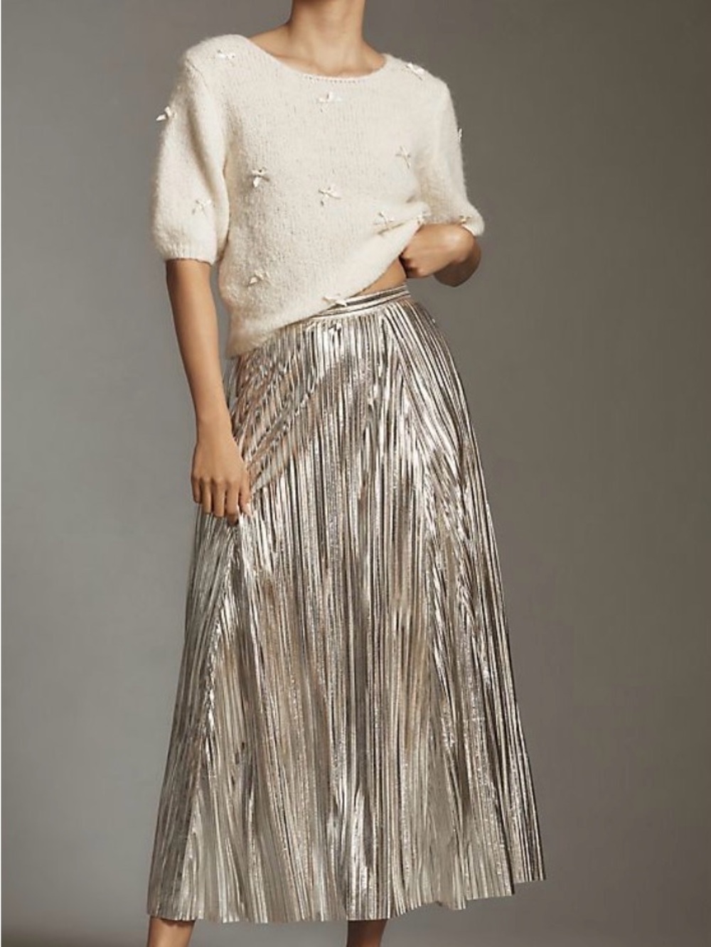 Anthropologie Meave Metallic Pleated A-Line Skirt in Silver